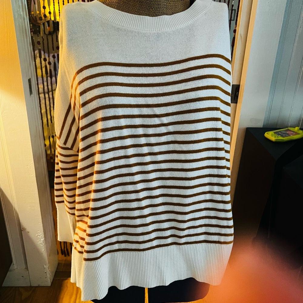 Women's Loft Cream and Brown Striped Boatneck Sweater